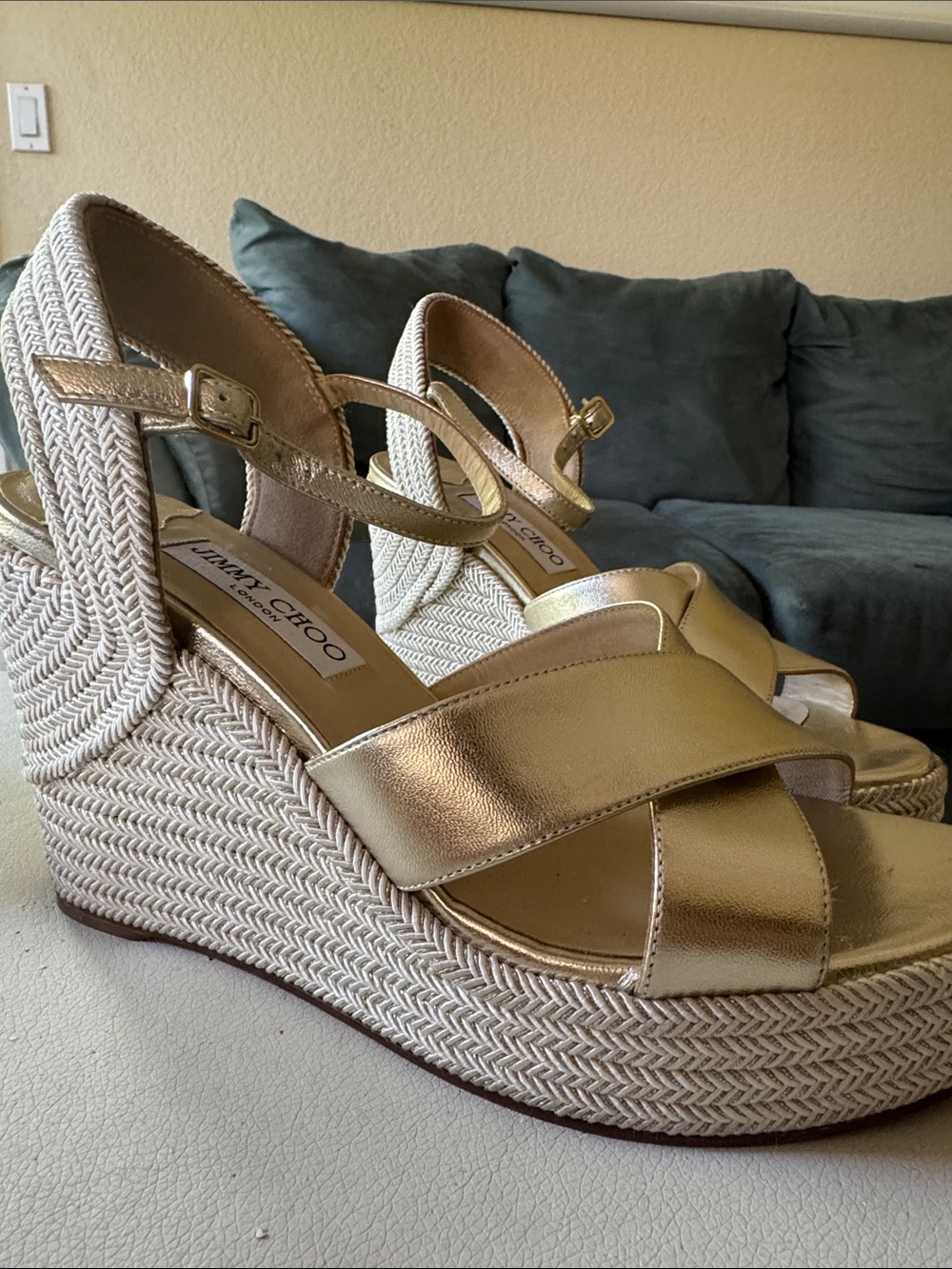 Jimmy Choo Metallic Gold Leather Espadrille Wedges